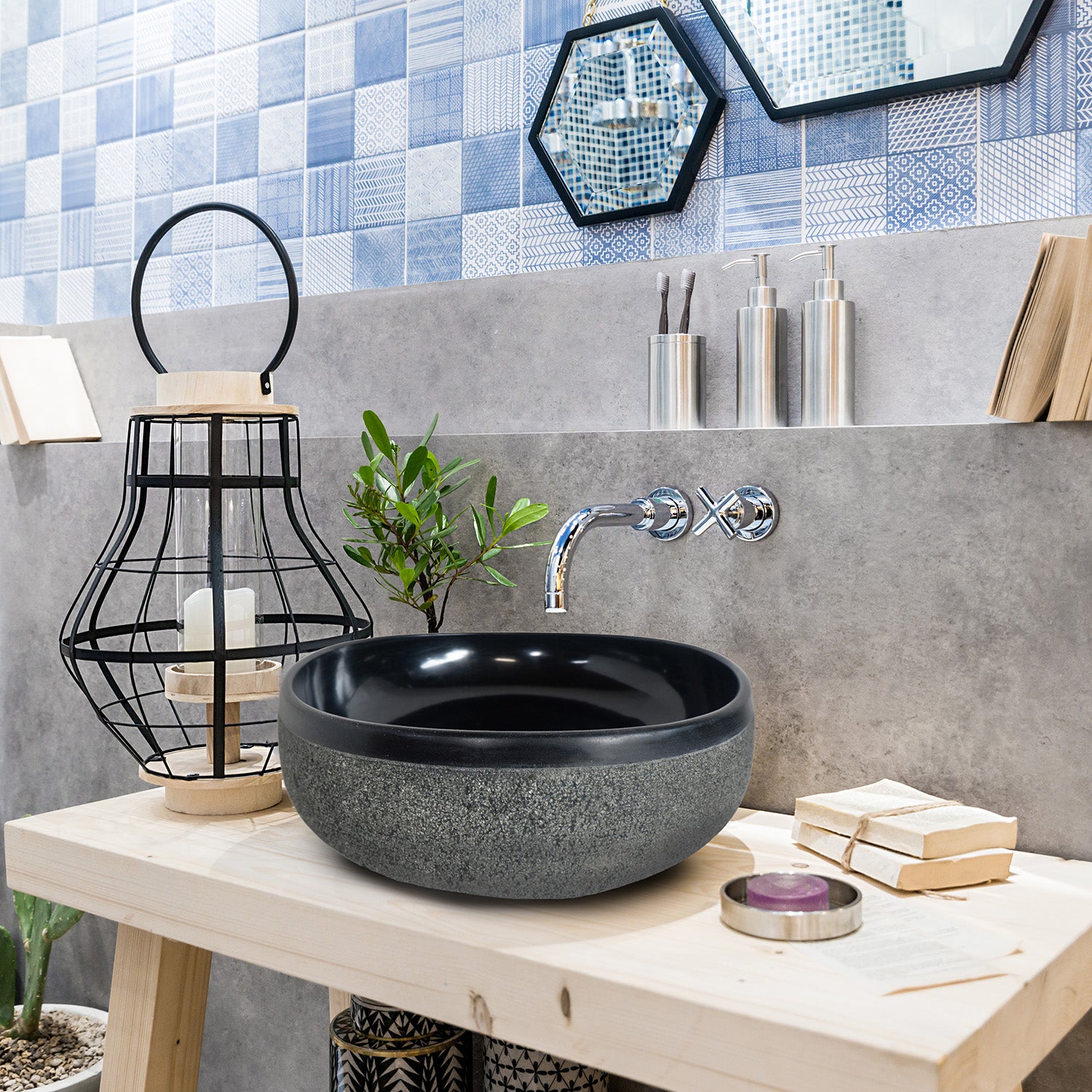 Santorini Basalt Black Sink, Bathroom Stone Vessel Sinks