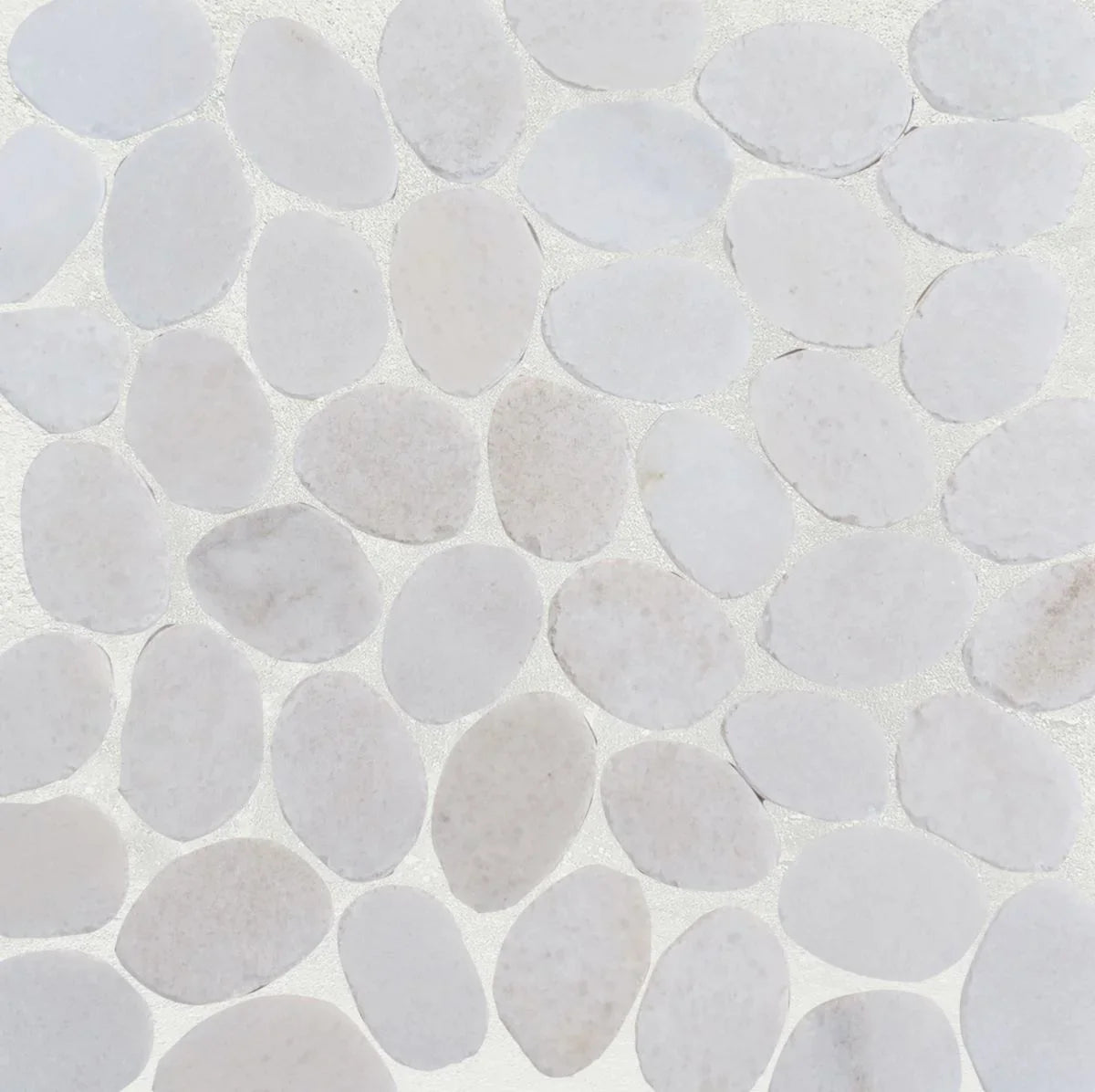 snow white sliced pebble tile sample with grout
