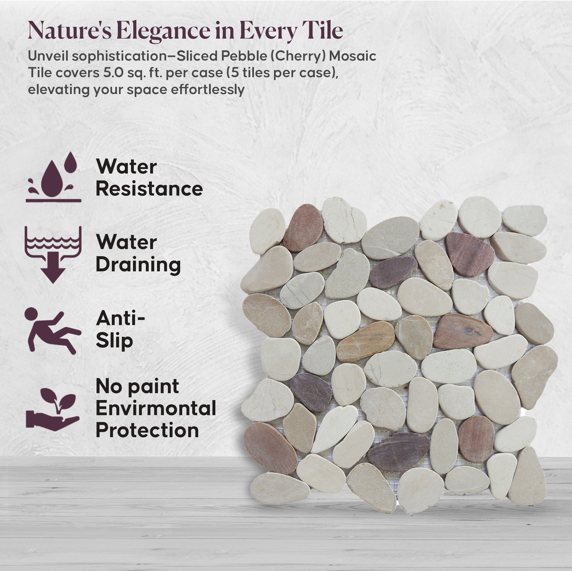 Random Stone Mosaic Tiles, Cherry Sliced Pebble Wall & Floor Tile