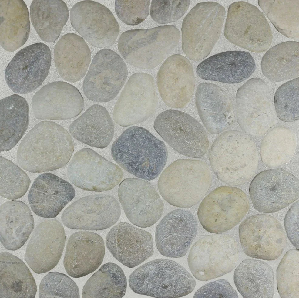 grey pebble tile sample close up with grout