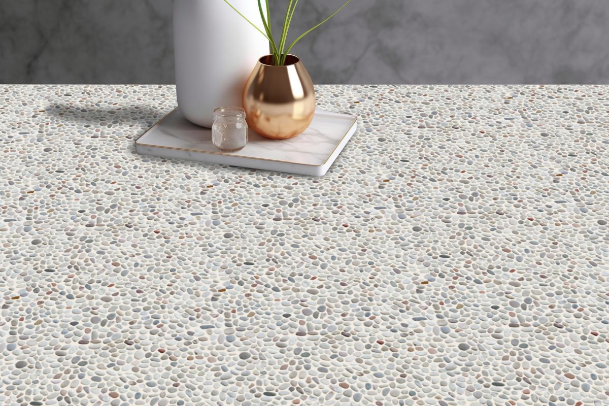 Mini colour pebble tile counter top with gold vase on top