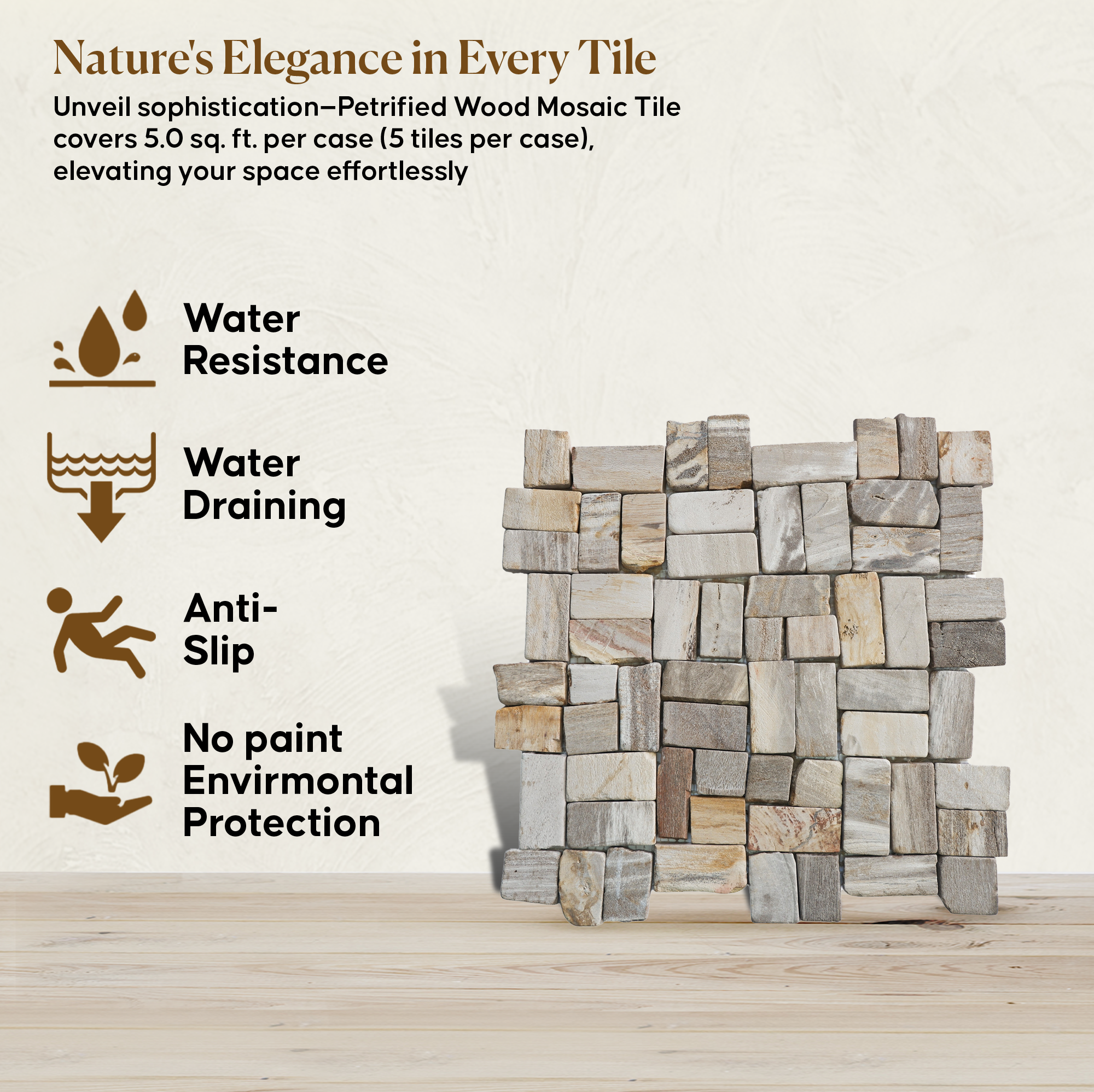Mosaic Floor Tiles , Random Petrified Wood Floor And Wall Tile